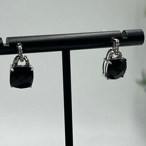 Vintage 10K White Gold Oval Prong Cushion Black Onyx Diamond Dangle Earrings